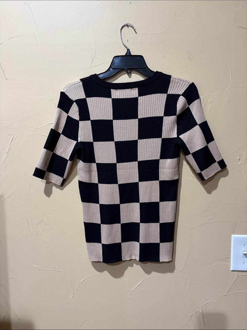 Tahari Black and Cream Checkerboard Short Sleeve Knit Top - Picture 3 of 3